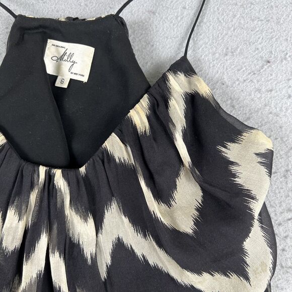 Milly 100% Silk Spaghetti Strap Black White Chevron Tank Top Women’s Size 6 - Picture 2 of 16